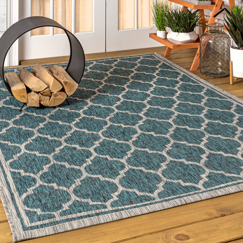 Hague Moroccan Trellis Textured Weave Teal/Gray Indoor/Outdoor Rug, Rectangle 6' x 9'
