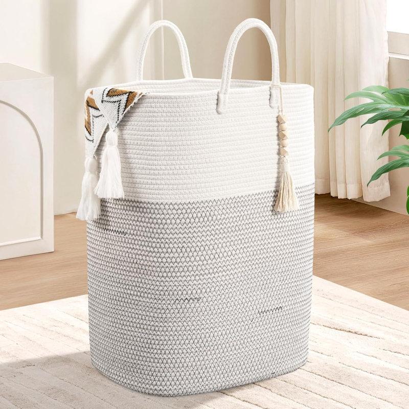 Woven Laundry Basket With Beaded Tassel, Large Rectangular Clothes Hamper For Bedroom Or Nursery, Breathable Cotton Storage Bin For Toys And Dirty Clothes, Home Organization Essential