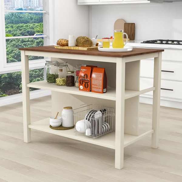 Behling Solid Butcher Block Kitchen Island with Baskets and Storage Shelf