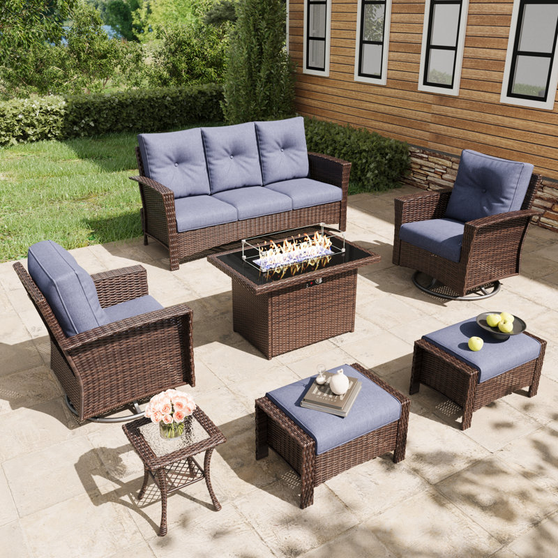 Lark Manor™ 7 Piece Wicker Patio Furniture Set with Fire Pit Table, Classis Outdoor Conversation 360 Degree Swivel Chairs Set with Coffee Table