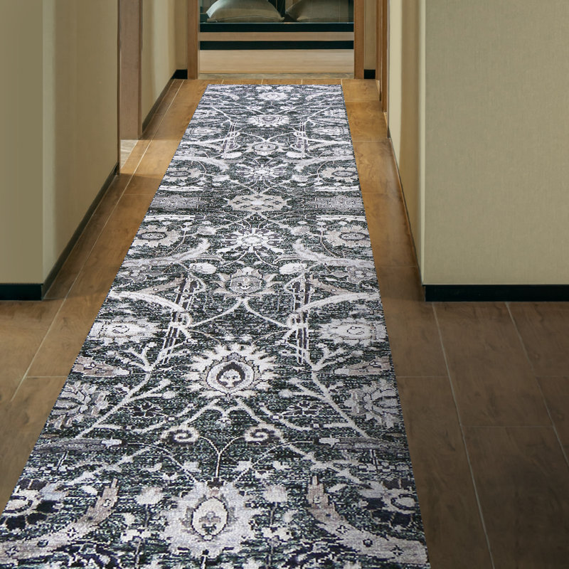 Tapis noir et multicolore de haute qualité noué à la main, Runner 2'6" x 12'
