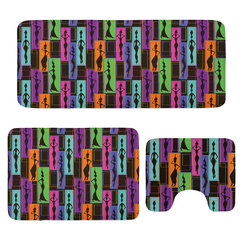 African Bathroom Rug Set 3 Pieces U-Shape & Rectangle Mats Multicolor