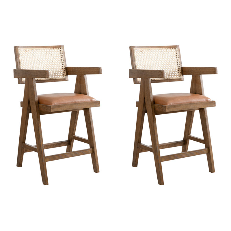 Tabouret de bar en bois massif et rotin Damyria, 2, Tabouret de comptoir (siège d'une hauteur de 26,2