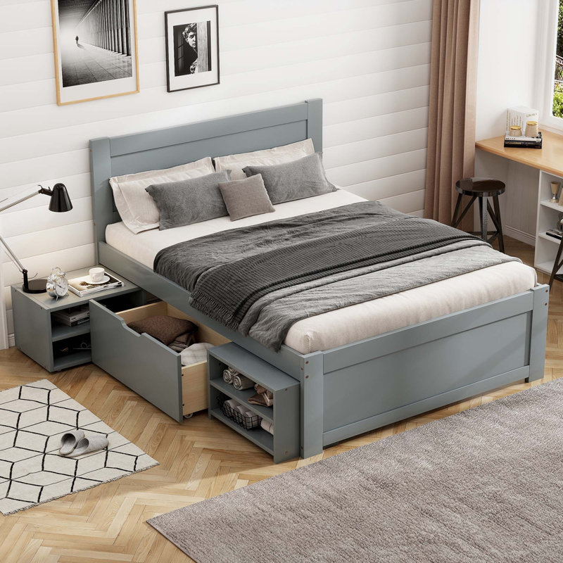 Lit plateforme avec tiroir et deux tablettes, Gris, Simple