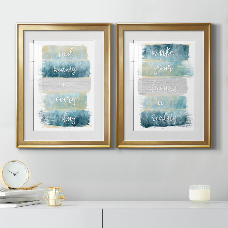 «Find Beauty» - ensemble de 2 reproductions d'art, H 18,5 po x l 49 po x P 1,5 po, Papier encadré doré, Blanc