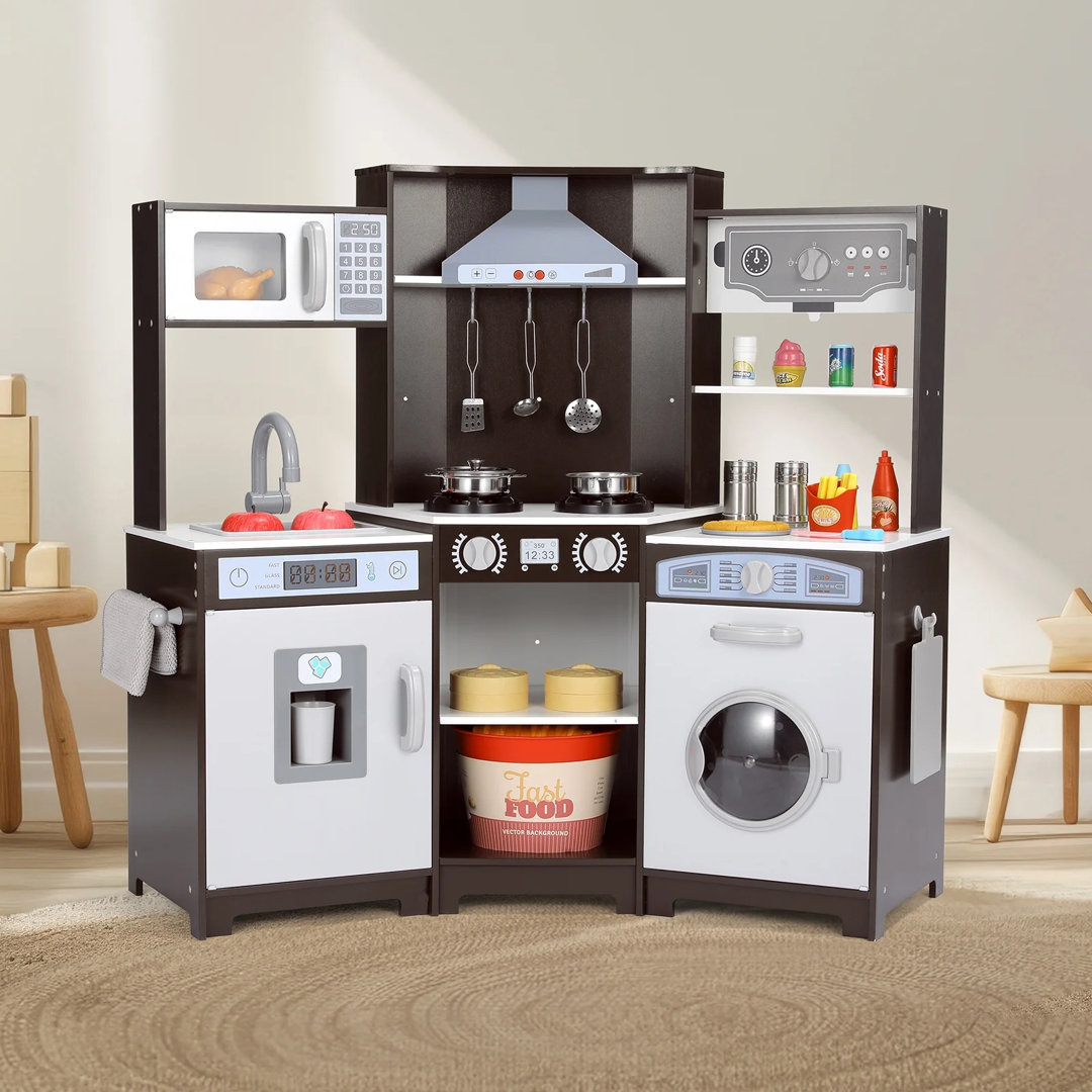 Corner Play Kitchen for Kids, Wooden Pretend Toy Kitchen, Large Toodler Cooking Playset w/Washer, Range Hood w/Light & Sound, Stove, Ice Maker, Cutting Board, Coffee Maker, Sink Pirecart 