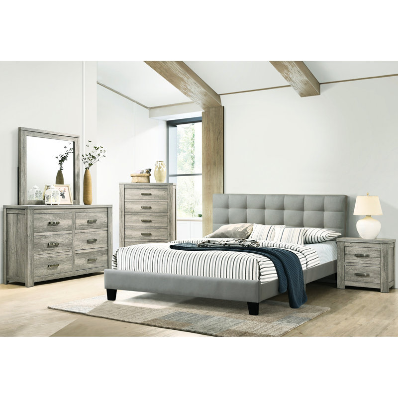 Contemporary Gray Headboard Full Size Bed For Bedroom In Grey With Upholstered And Wood, Light Gray, Full