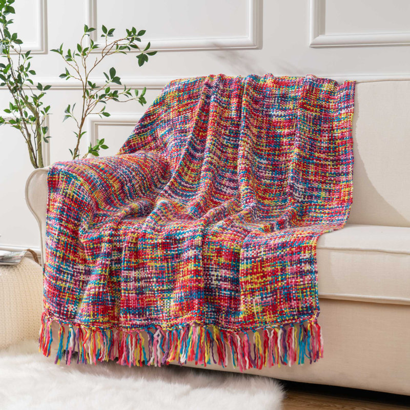 Rainbow Knitted Reversible Throw Blanket 50"x60"