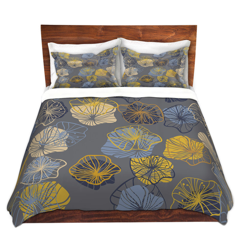 Ensemble de housse de couette gerbera ii, 1 housse de couette grand + 2 taies standards, Gris / jaune / crème