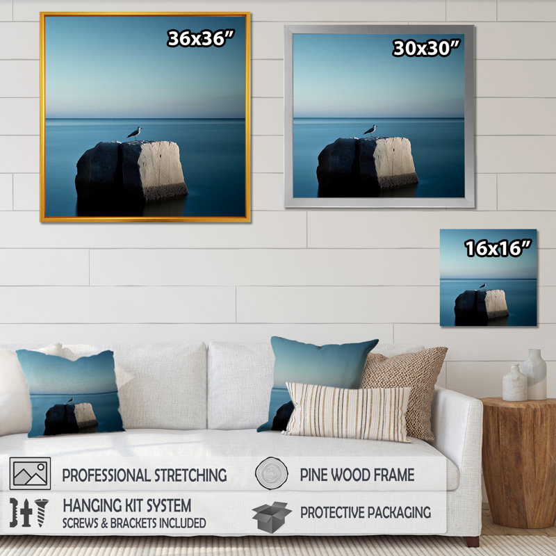 Coastal Seagul Scenery Minimalisme sur toile, Cadre photo noir, H 16 po x l 16 po x P 1 po