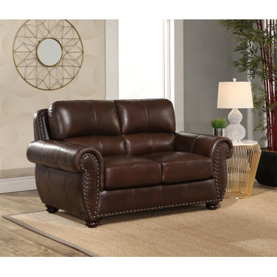 Hermine 64"" Genuine Leather Rolled Arm Loveseat with Reversible Cushions -  Darby Home Co, A2656ED2820A4BF6B7C91DAEC58EAB9C