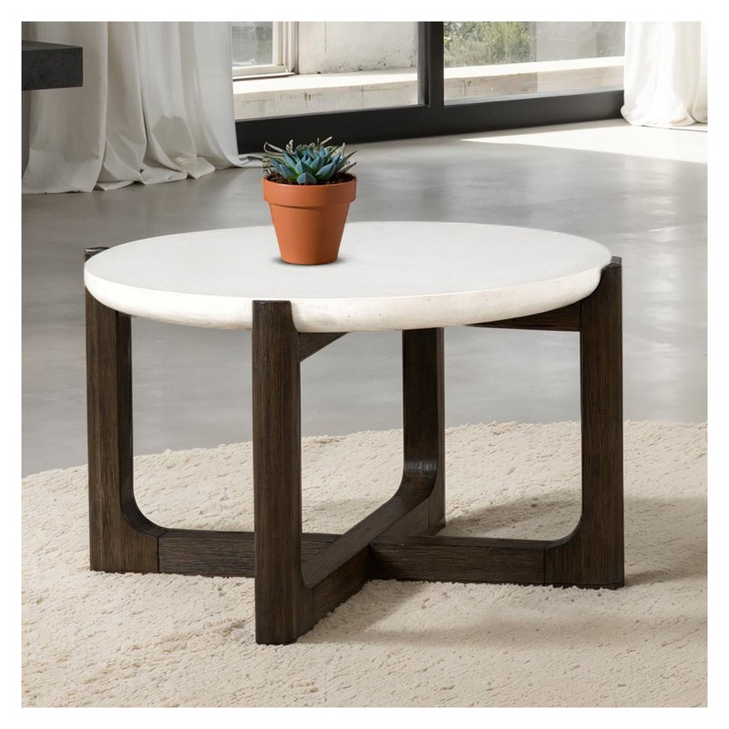 Table basse transitionnelle carrée de 25 po avec plateau en pierre de quartz et base en tréteaux en noyer foncé