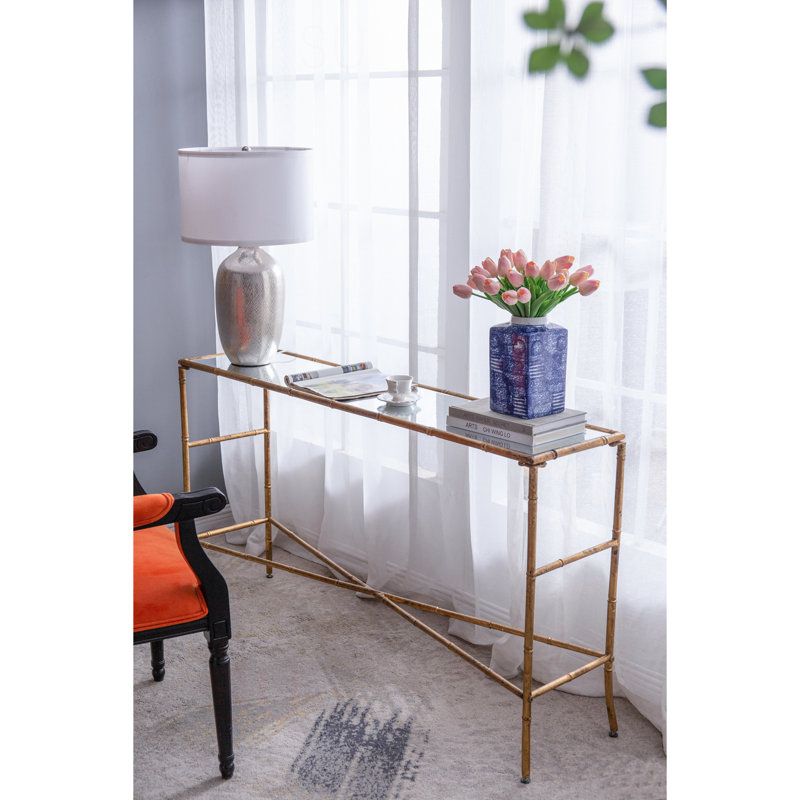 Console 56,5 x 14 x 30 po or antique, plateau en miroir