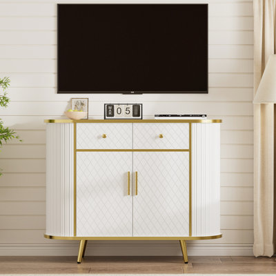 Buffet incurvé blanc et doré pour salon, couloir - design élégant, portes intelligentes, tiroirs fonctionnels, largeur de 15,41 po