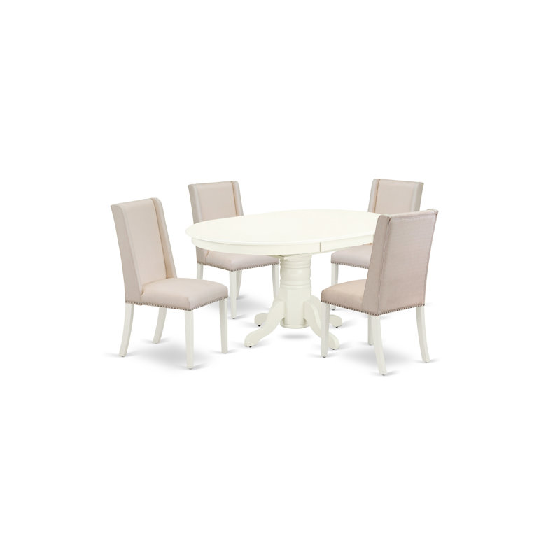 5 Piece Dining Table Set for 4 Includes an Oval Kitchen Table with Butterfly Leaf and 4 Cream Linen Fabric Parson Dining Chairs, Linen White