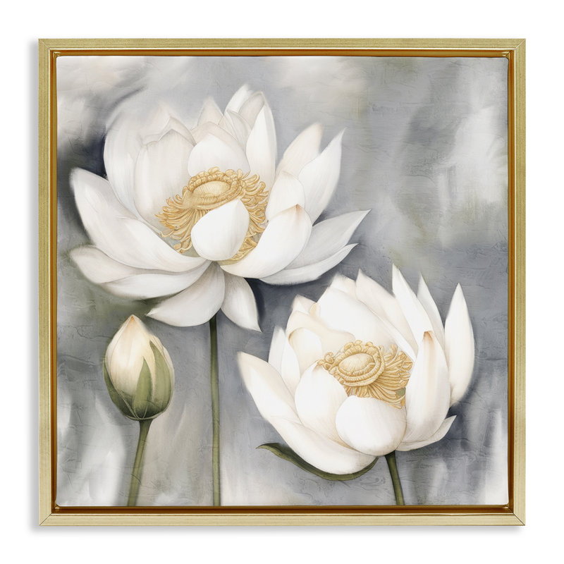 "Lotus blanc sur toile flottante encadrée" par Kim Allen, H 18 po x l 18 po, Cadre flottant métallique doré