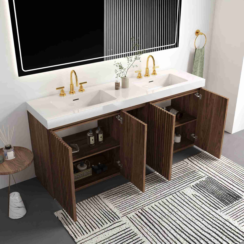 Meuble-lavabo de salle de bain avec lavabo, Noyer brun, Blanc
