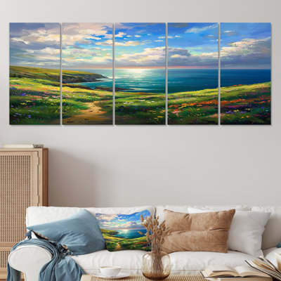 «Flowerful Mountain Path To Blue Ocean White Sky - River Mountain», ensemble d'art mural 5 pièces