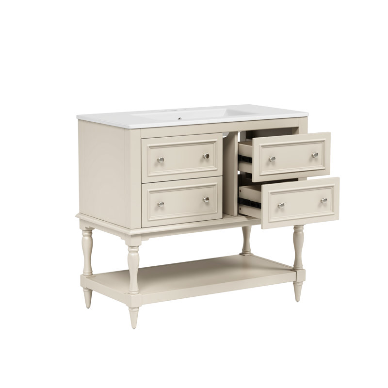36" Bathroom Vanity - Beige. Solid Wood Construction. 4 Drawers. Ceramic Sink. Functional Storage Basin