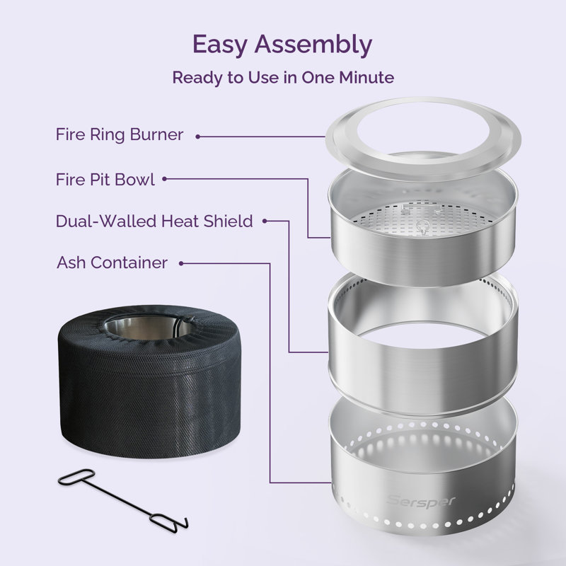 Sersper 19'' Stainless Steel Smokeless Portable Fire Pit with Carry Bag