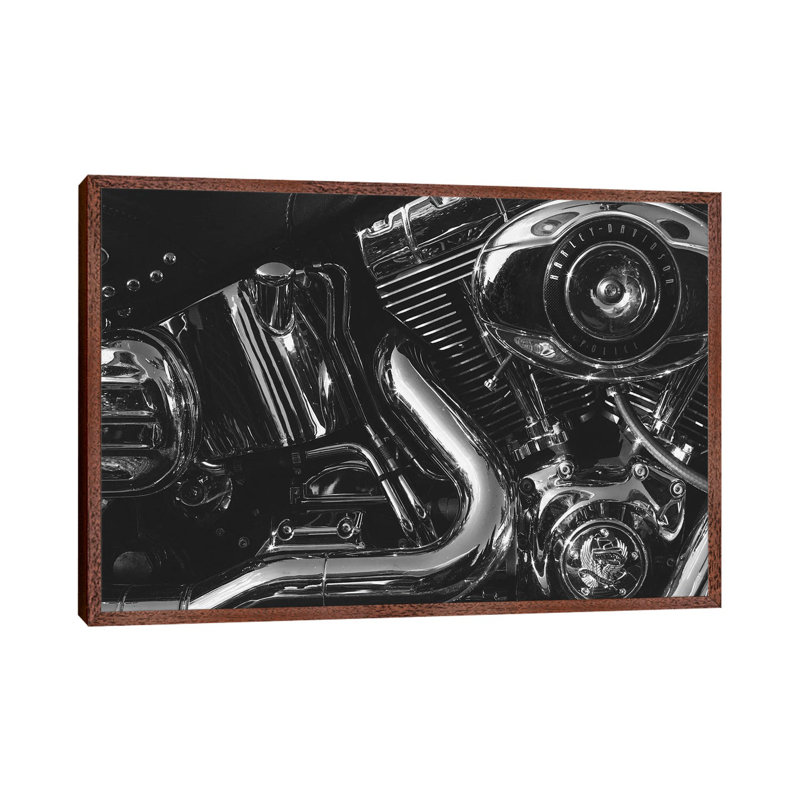 Harley Engine - Print on Canvas, 66.04 cm H x 45.72 cm W, Classic Brown Wood Framed