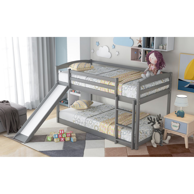 Lit superposé simple gris avec structure et finition en bois - pour endommager la glissière fonctionnelle