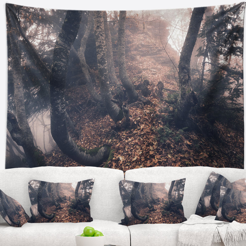 Paysage, automne, brouillard, forêt, tapisserie, H 78 po x l 92 po