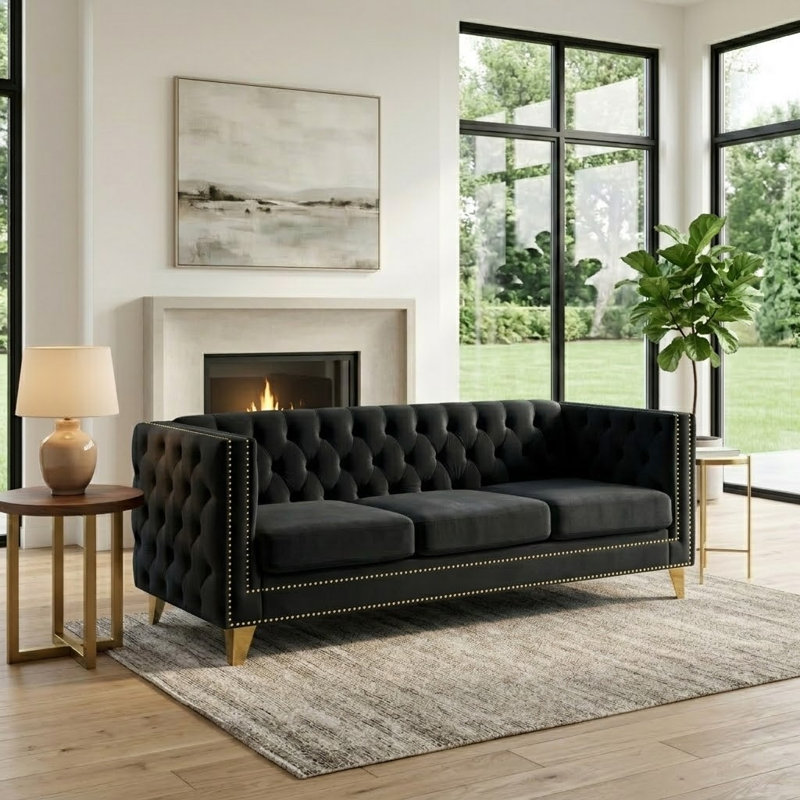 Amarillys 80.51'' Velvet Sofa, Black Velvet