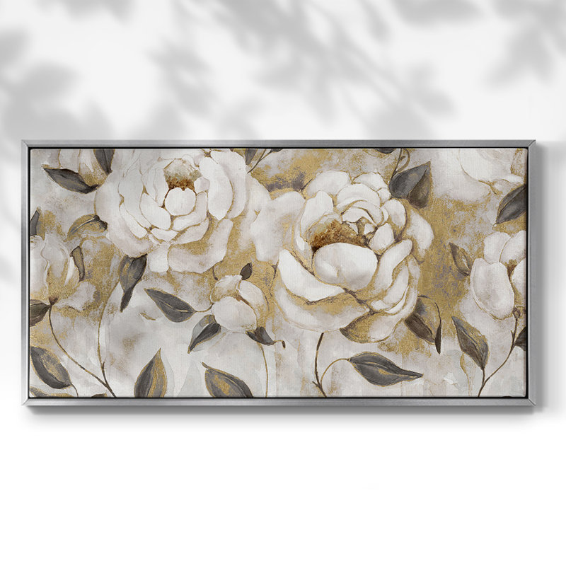 Golden White Roses - Toile tendue avec châssis encadré - Prêt à être accroché, H 21 po x l 41 po, Argent argent