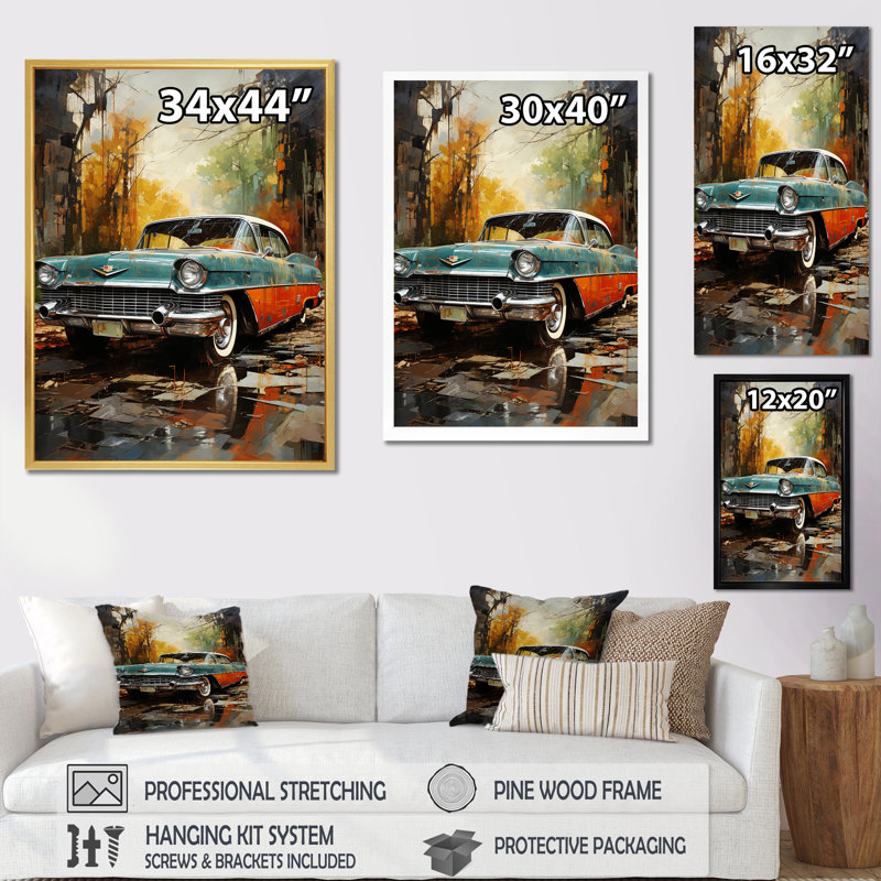Une voiture rétro - impression sur toile rétro, Cadre photo noir simple, H 32 po x l 24 po x P 1 po