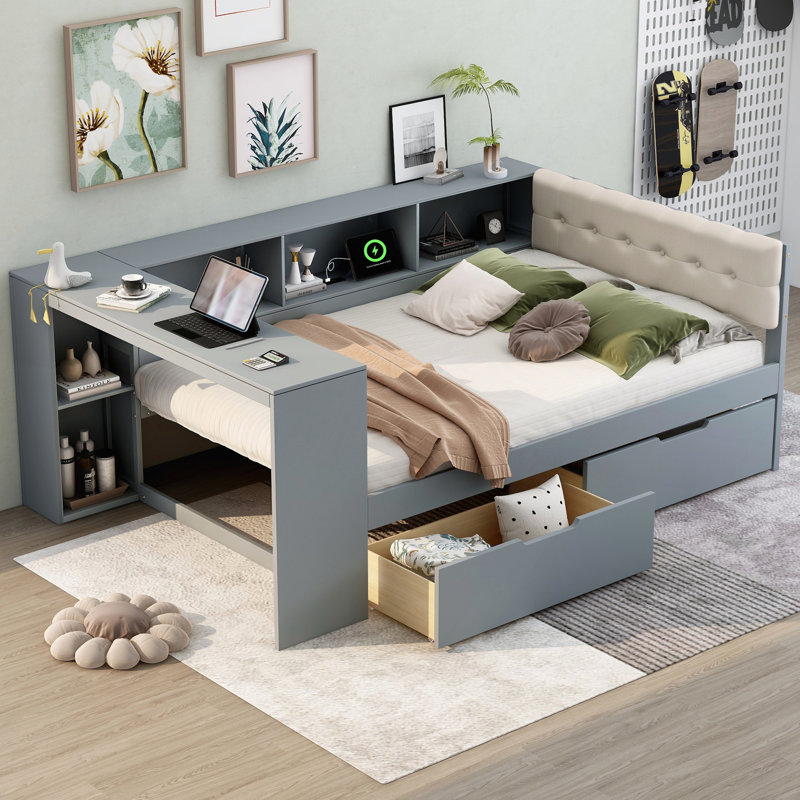 Lit plateforme en bois avec rangement, station de charge et tête de lit tapissier gris, gris