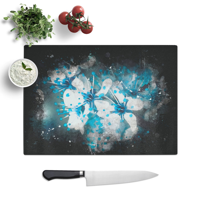Blue Cherry Tree Flowers Paint Splash Chopping Board, 0.4cm H x 28.5cm W x 39cm L