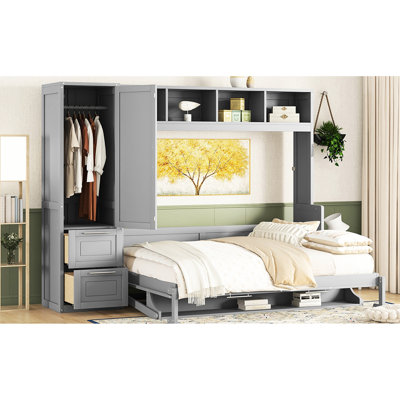 Gray Queen Wall Bed With Closet And Drawers, Transform Your Room Into A Versatile Tidy Space Side Flip Storage Multifunctional For Different Rooms