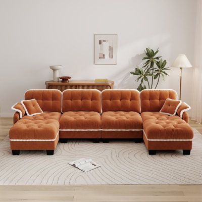 Canapé modulaire en chenille de 6 pièces avec assise profonde et garniture capitonnée à garniture de pompons pour le salon