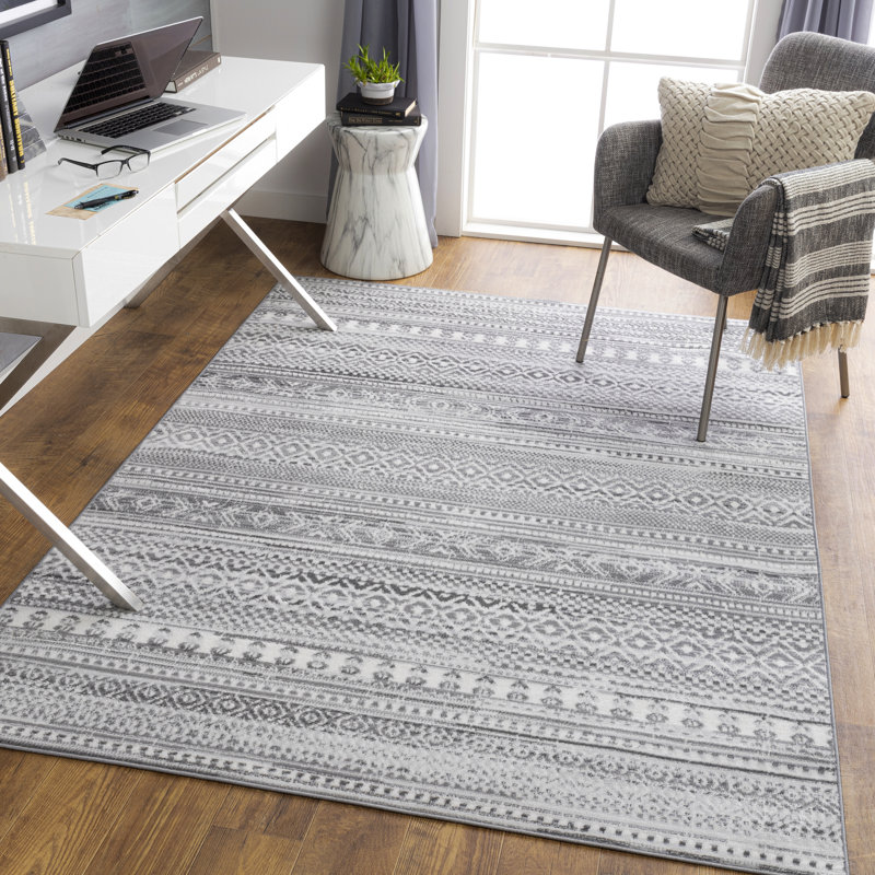 Tapis gris / ivoire à motif géométrique Lipson, Rectangle 6 pi 7 po x 9 pi