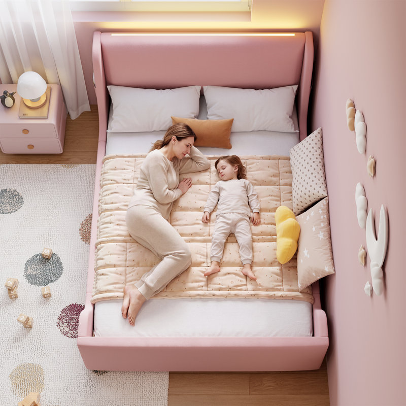 Structure de lit plateforme tapissier avec tête de lit à oreilles et lumières DEL, Twin, Pink