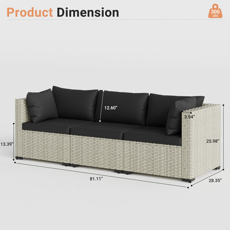 3 Pieces Rattan Patio Sofa With Cushions, Black