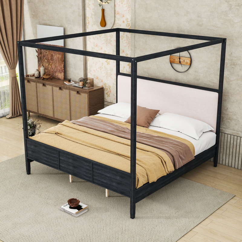 Canopy Bed with Upholstered Headboard, Black, King