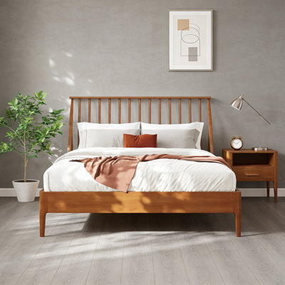 Mid-Century Modern Solid Bamboo Platform Bed with 46.5" Tall Spindle Headboard, Wooden Slats & Metal Support, No Box Spring Needed