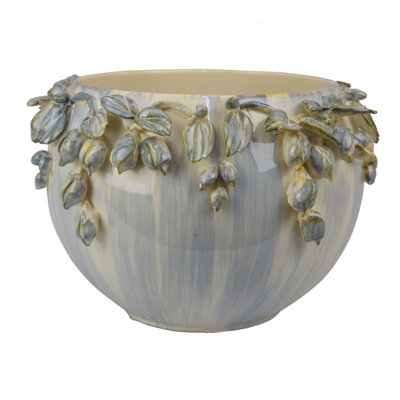 Pot à fleurs décoratif en céramique blanche avec bordure de guirlande florale, 12 po