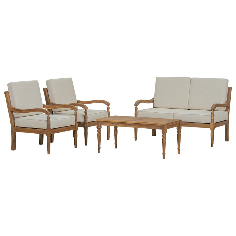 Ensemble de conversation 4 pièces avec coussins, ensemble de conversation d'extérieur en bois d'acacia, naturel et beige
