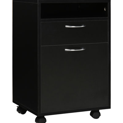Black Mobile Cabinet For Office Storage With Drawer And Cabinet, Printer Stand. Ample Space Essentials, Moves Easily, Fits Under Desk, Unit Black. Options, Easily On Wheels, Desk Space,
