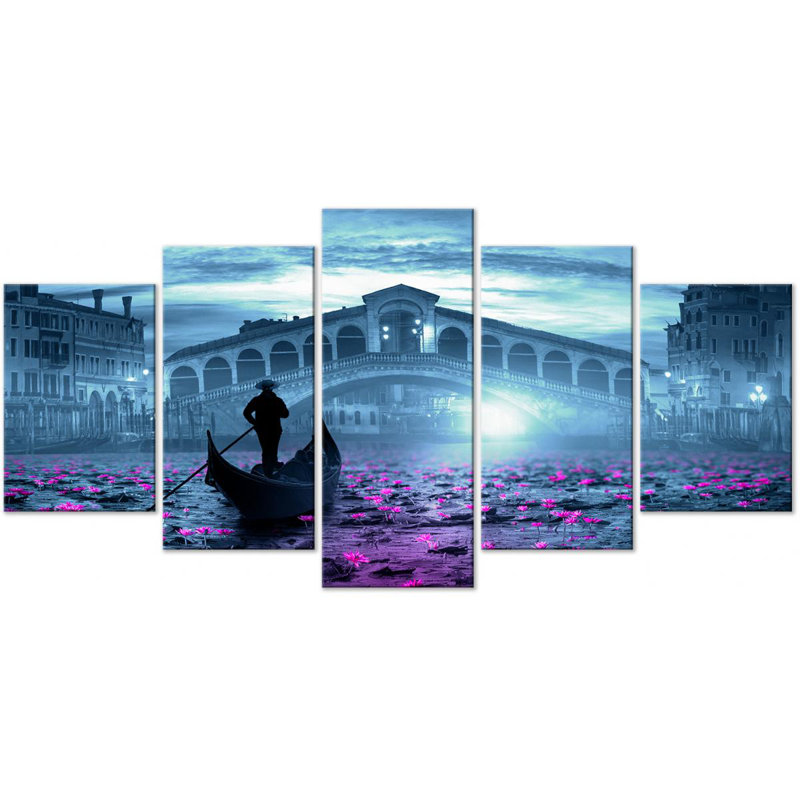 Magic Venice - 5 Piece Print on Canvas, Orange/Grey, 100cm H x 200cm W