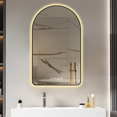 Arched LED Anti-Fog Mirror With Time And Temperature Display