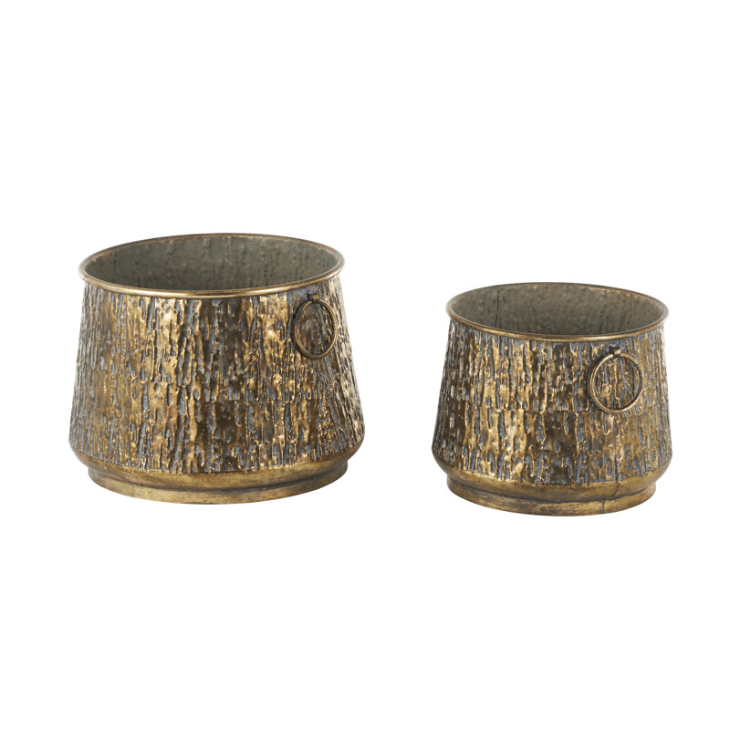 Shrewsbury 2 Piece Metal Textured Abstract Indoor Outdoor Brass Planter with Weathered Spot and Ring Handle Set