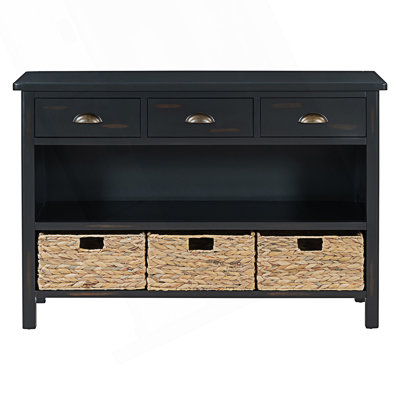 Modern Retro Console Table With 3 Storage Drawers, Entryway Table With 3 Water Hyacinth Woven Baskets, Accent Sofa Table