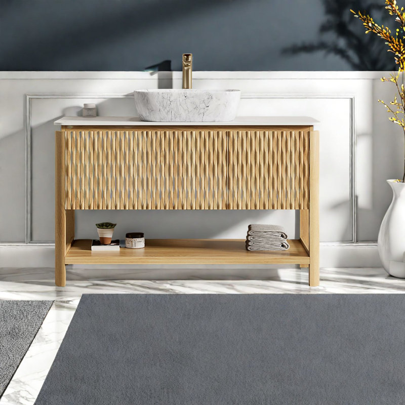Meuble-lavabo moderne avec lavabo, bois durable et marbre, peu encombrant pour la maison