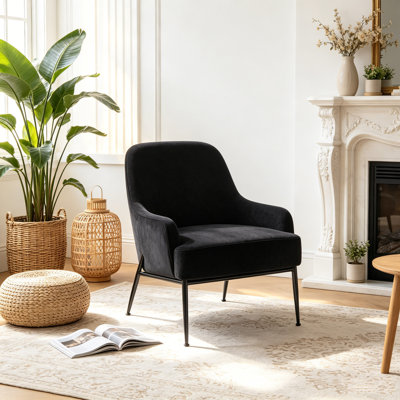 Fauteuil d'appoint en velours noir avec pieds en métal, fauteuil rembourré moderne avec coussin en mousse dense et sangles lourdes, chaise d'appoint confortable pour le bureau de la chambre à coucher