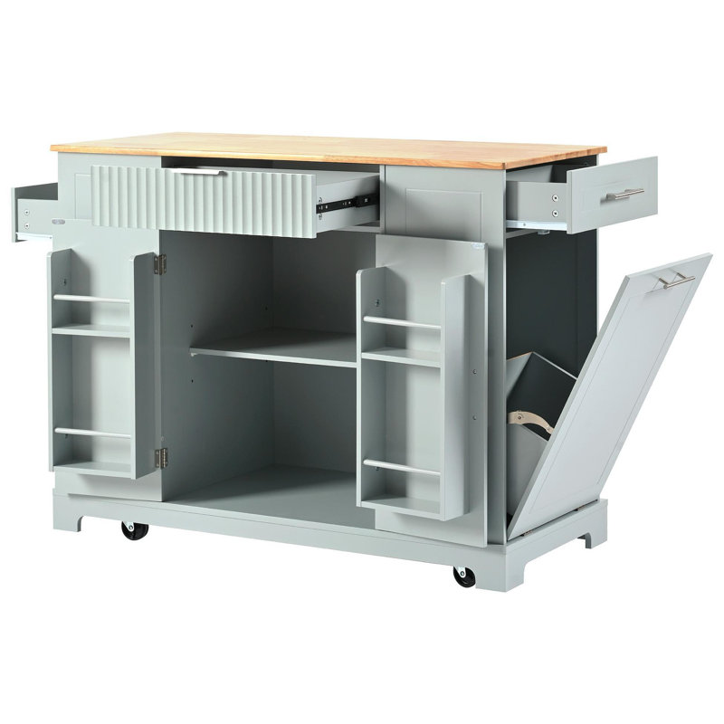 Fluted Kitchen Island with Trash Can Storage Cabinet, Power Outlet, Internal Storage Rack, Rolling Kitchen Islands on 5 Wheels with 3 Drawer, 3 Open Side Racks for 10 Gallon Garbage Bin,Grey Blue