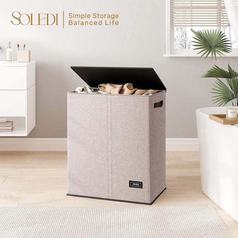 Large Double Laundry Hamper With Lid, Collapsible Clothes Hamper 2 Section With Removable Bags, Space-Saving Laundry Basket For Bedroom, Dorm, College